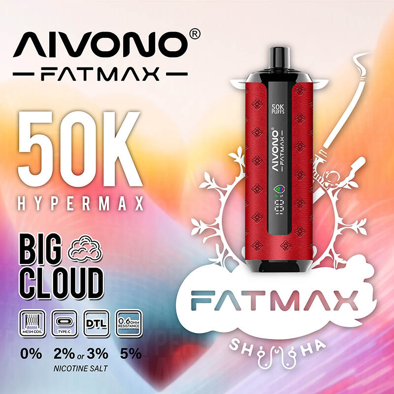AIVONO Fat Max 50K; iso pilvi kertakäyttöinen; shisha-tyylinen DTL; 50 000 höyryä; 0,6 ohmin mesh-kela; Type-C ladattava; EU:n merenkulku 23 maassa; 10 makua