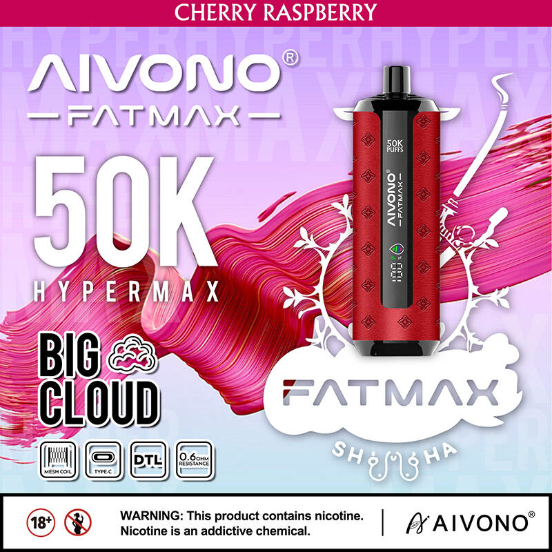AIVONO Fat Max 50K; iso pilvi kertakäyttöinen; shisha-tyylinen DTL; 50 000 höyryä; 0,6 ohmin mesh-kela; Type-C ladattava; EU:n merenkulku 23 maassa; 10 makua