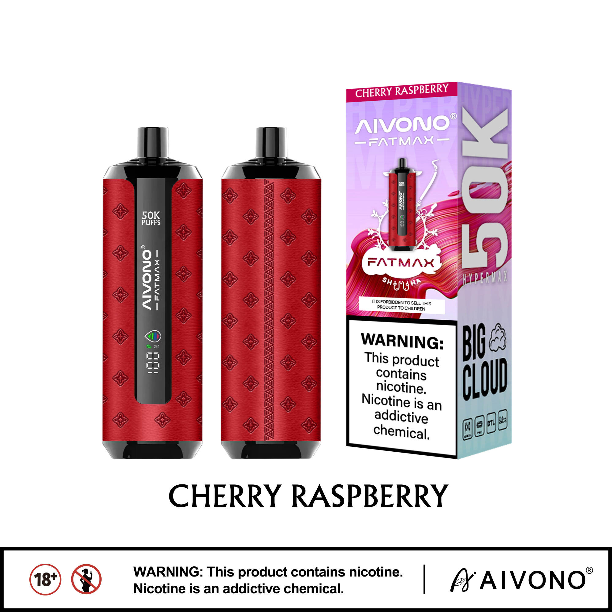 AIVONO Fat Max 50K; iso pilvi kertakäyttöinen; shisha-tyylinen DTL; 50 000 höyryä; 0,6 ohmin mesh-kela; Type-C ladattava; EU:n merenkulku 23 maassa; 10 makua