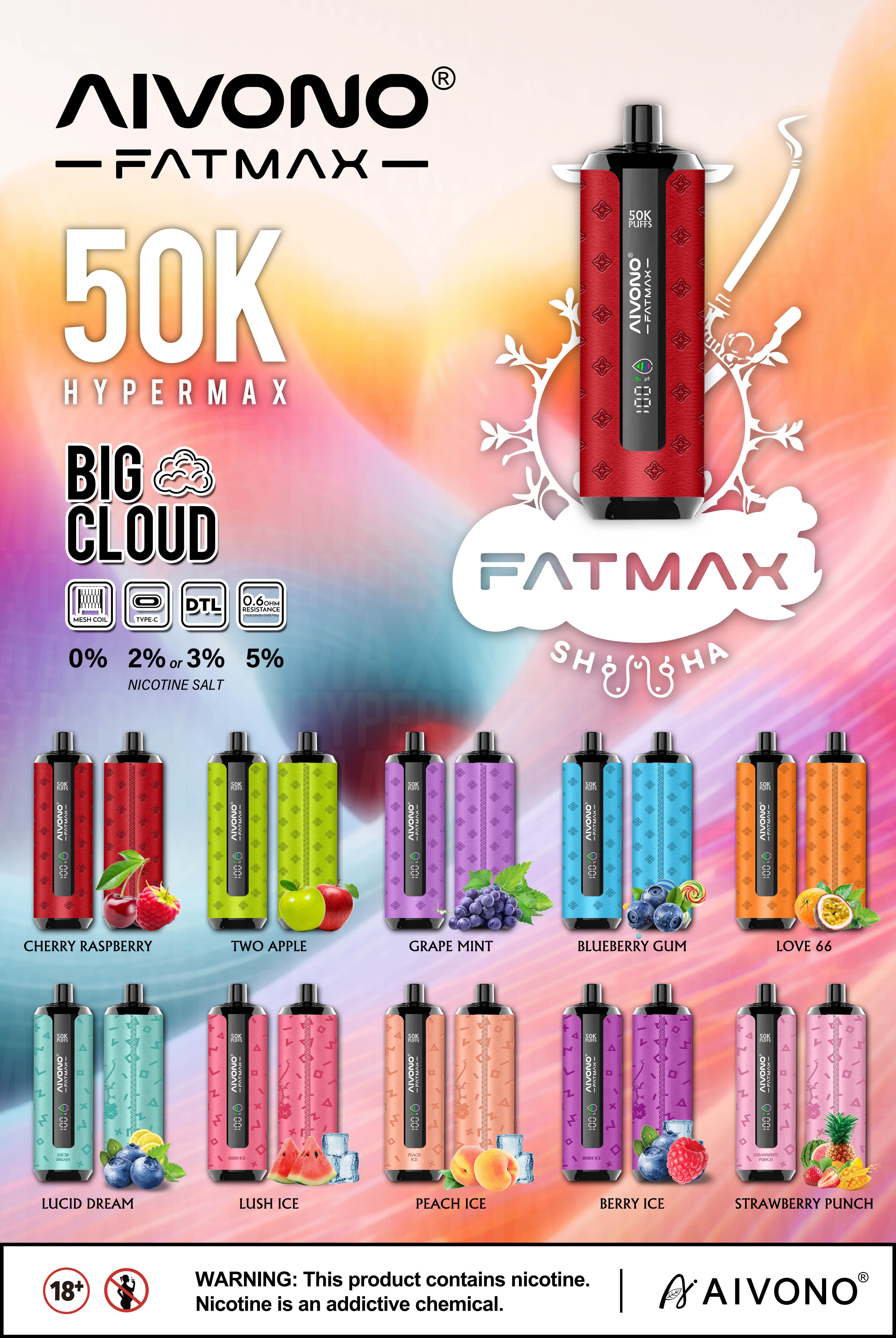 AIVONO Fat Max 50K — Two Apple flavor, big cloud shisha-style, 0.6Ω mesh, Type-C
