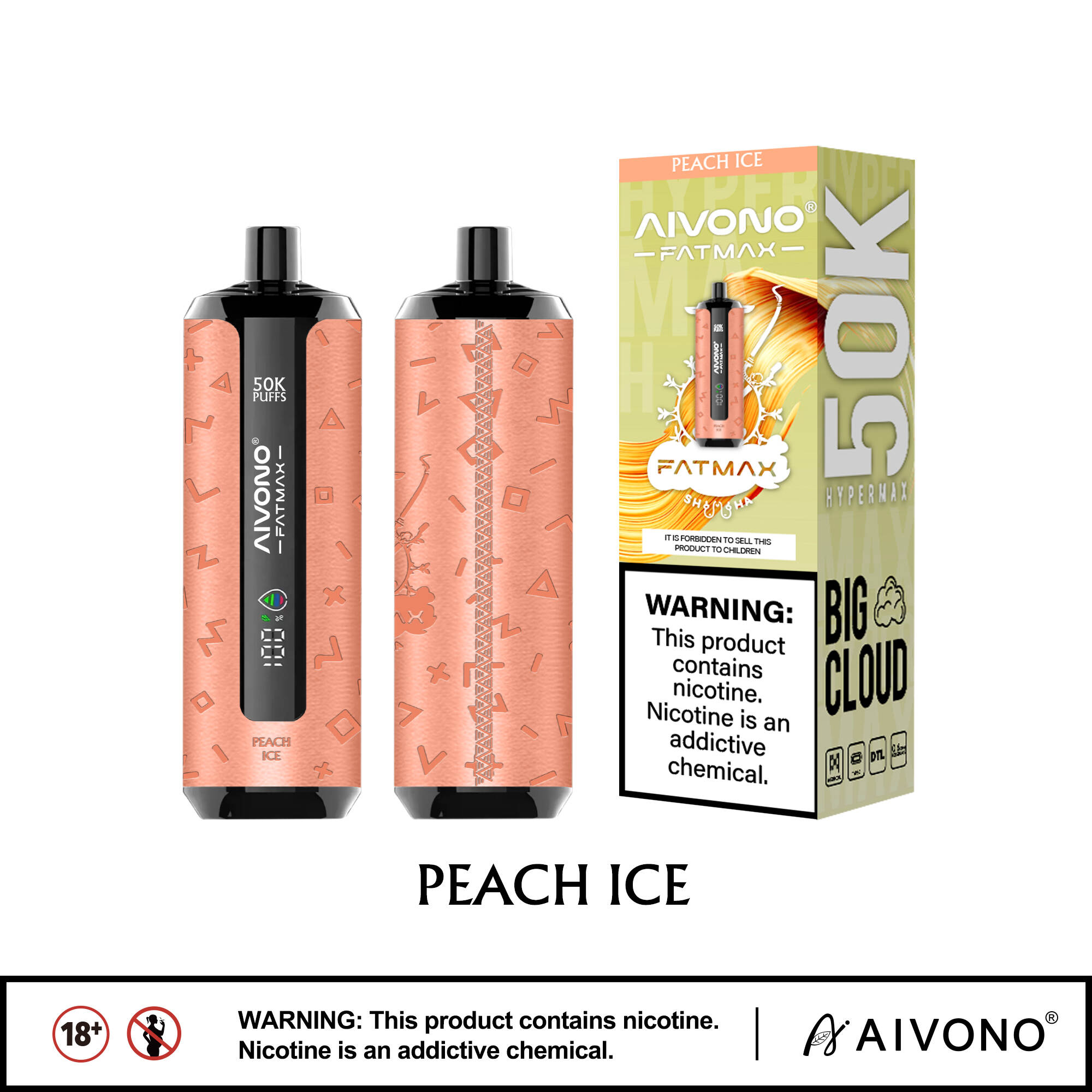 AIVONO Fat Max 50K; iso pilvi kertakäyttöinen; shisha-tyylinen DTL; 50 000 höyryä; 0,6 ohmin mesh-kela; Type-C ladattava; EU:n merenkulku 23 maassa; 10 makua