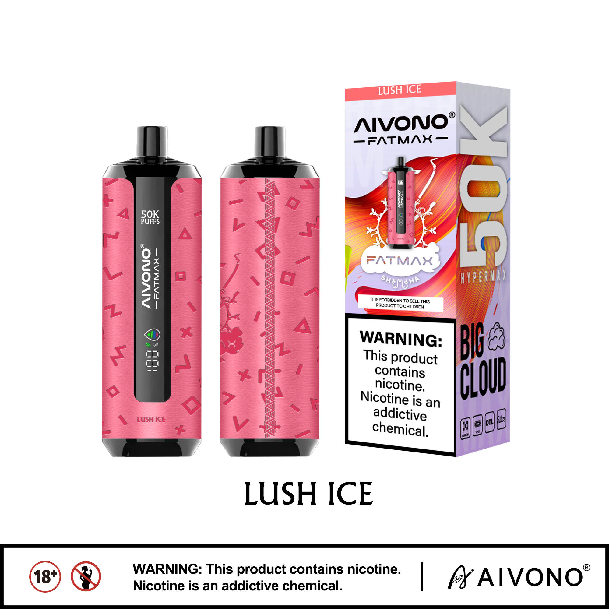 AIVONO Fat Max 50K; iso pilvi kertakäyttöinen; shisha-tyylinen DTL; 50 000 höyryä; 0,6 ohmin mesh-kela; Type-C ladattava; EU:n merenkulku 23 maassa; 10 makua