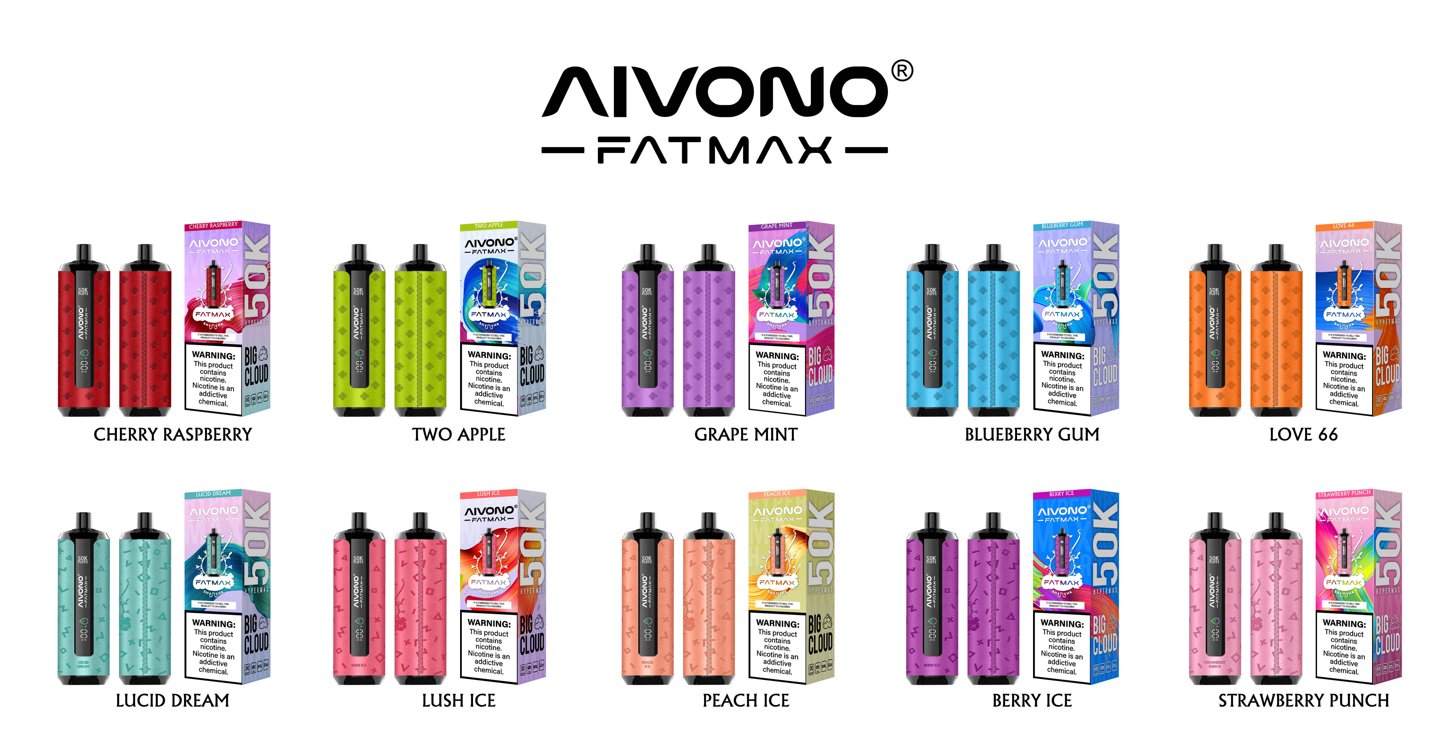 AIVONO Fat Max 50K; iso pilvi kertakäyttöinen; shisha-tyylinen DTL; 50 000 höyryä; 0,6 ohmin mesh-kela; Type-C ladattava; EU:n merenkulku 23 maassa; 10 makua