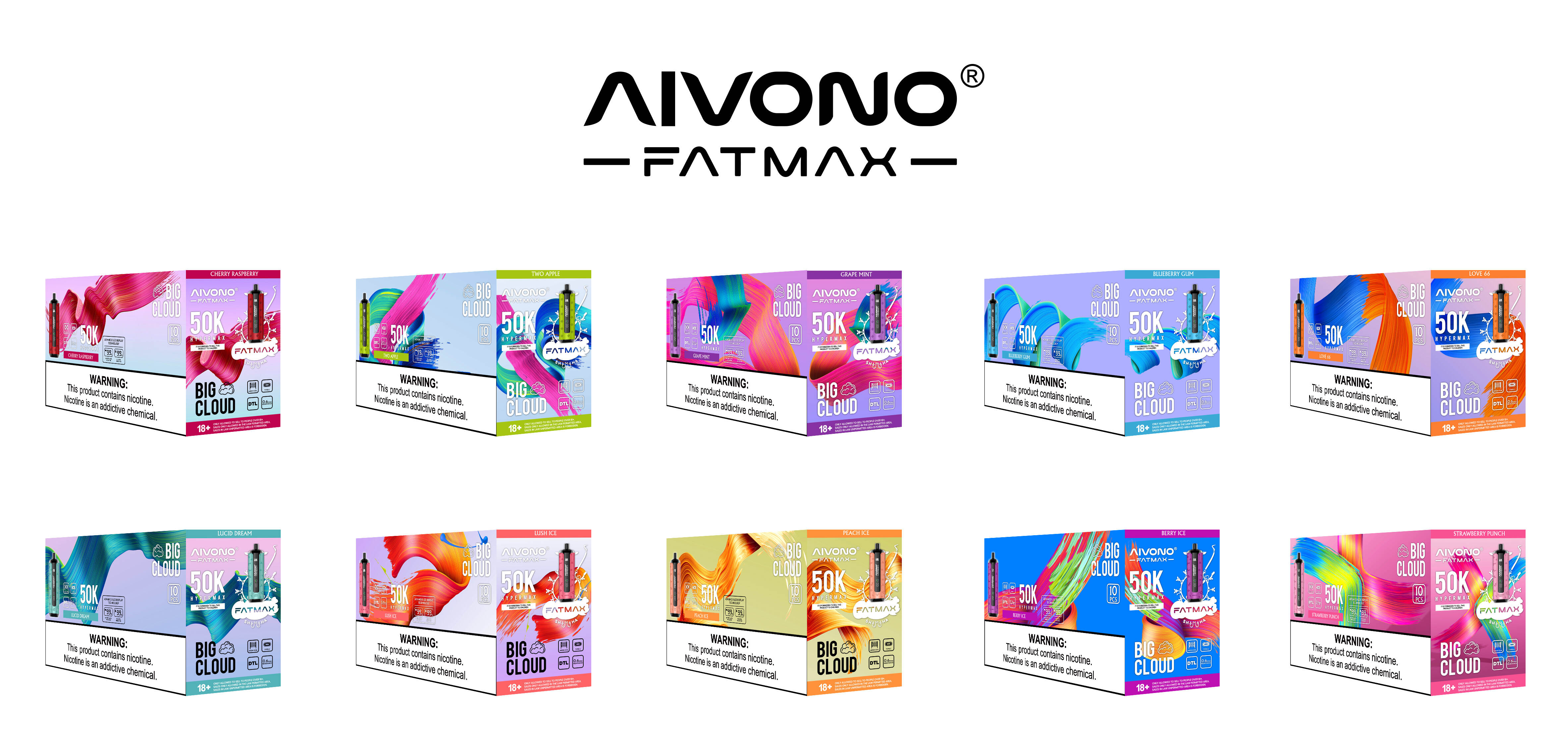 AIVONO Fat Max 50K; iso pilvi kertakäyttöinen; shisha-tyylinen DTL; 50 000 höyryä; 0,6 ohmin mesh-kela; Type-C ladattava; EU:n merenkulku 23 maassa; 10 makua