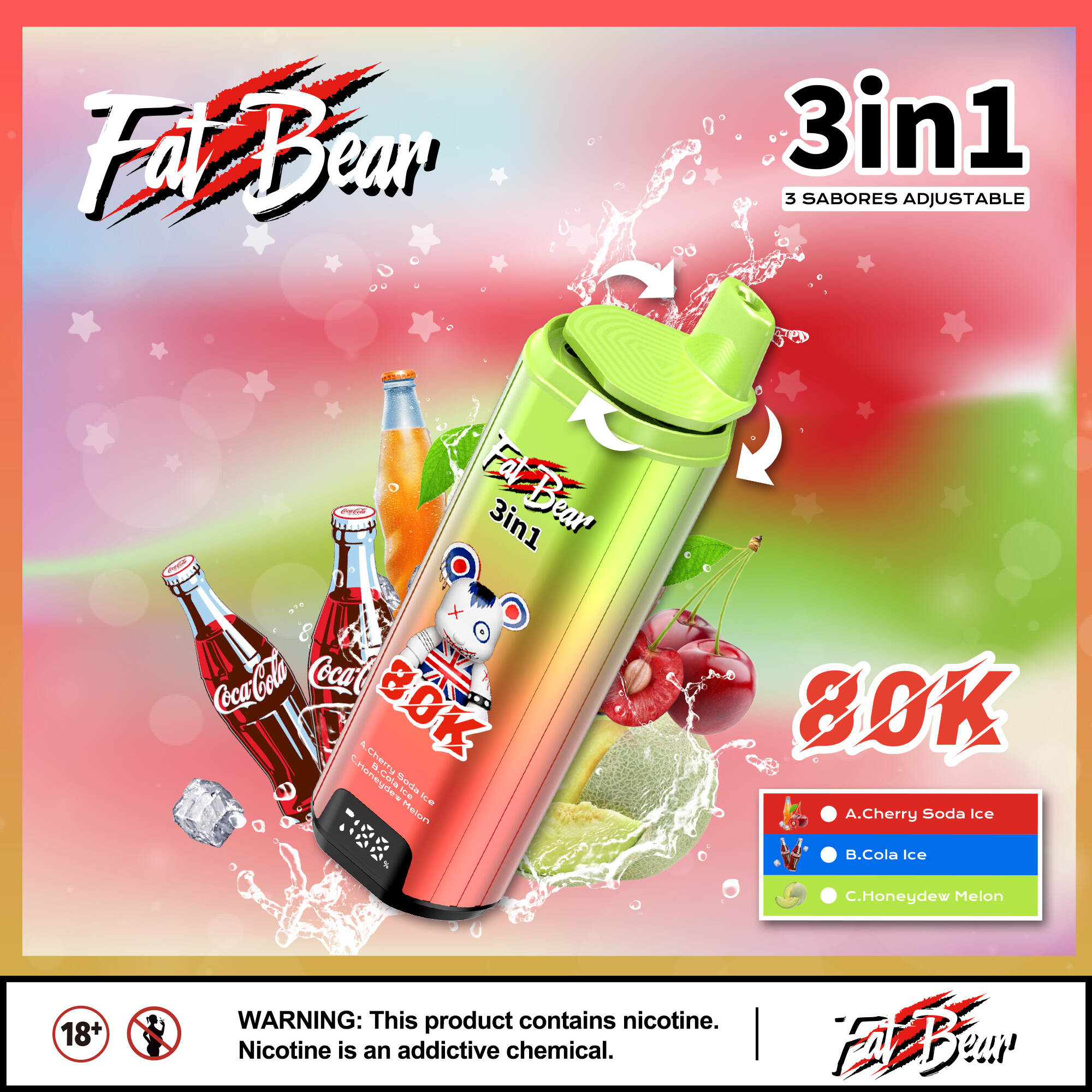 Fat Bear 80K, 3 in 1 vape, vaihdettava maku, kertakäyttöinen, 80 000 puhallusta, verkkolämmitys, Type-C ladattava, EU-varastolähetys, kolminkertainen maku
