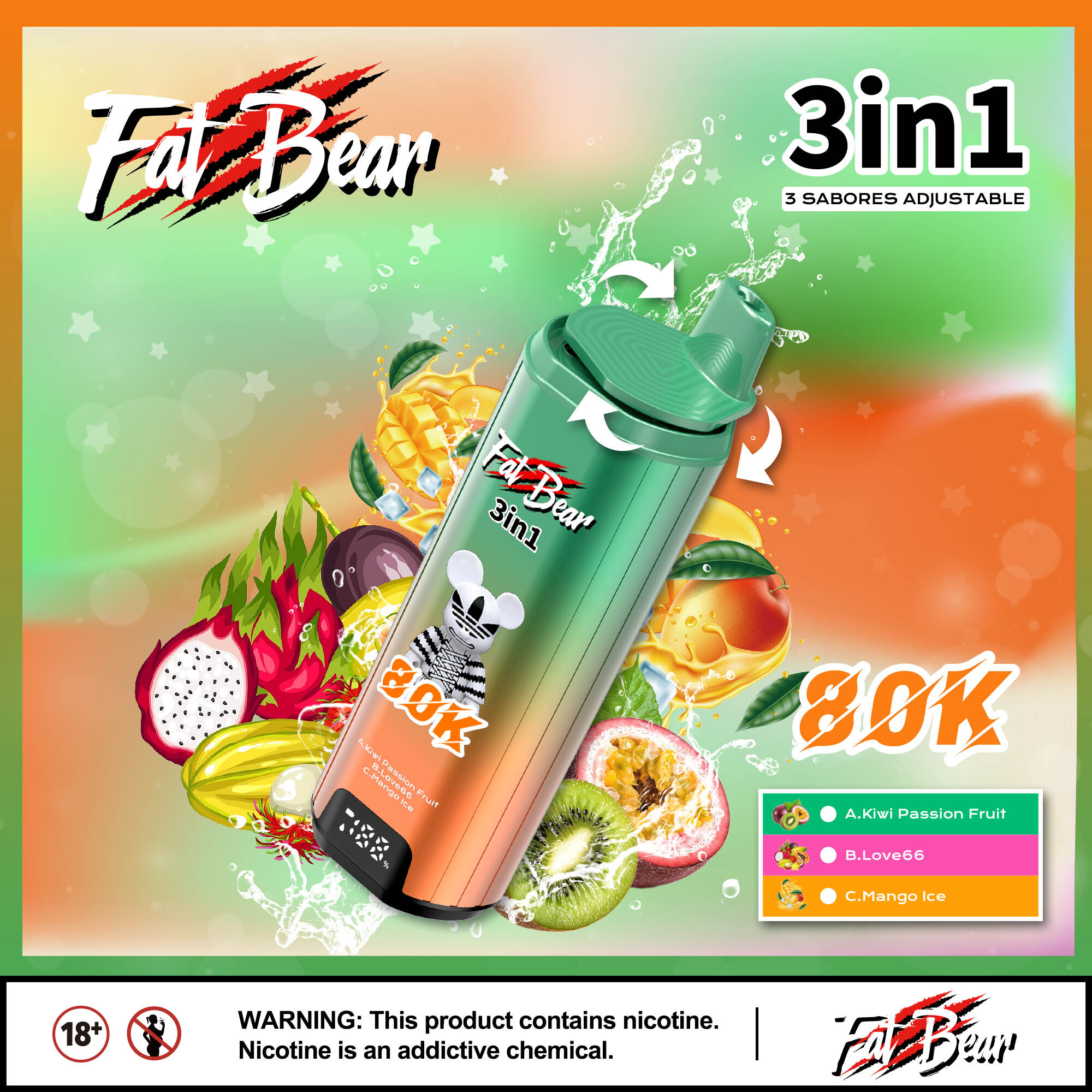 Fat Bear 80K, 3 in 1 vape, vaihdettava maku, kertakäyttöinen, 80 000 puhallusta, verkkolämmitys, Type-C ladattava, EU-varastolähetys, kolminkertainen maku