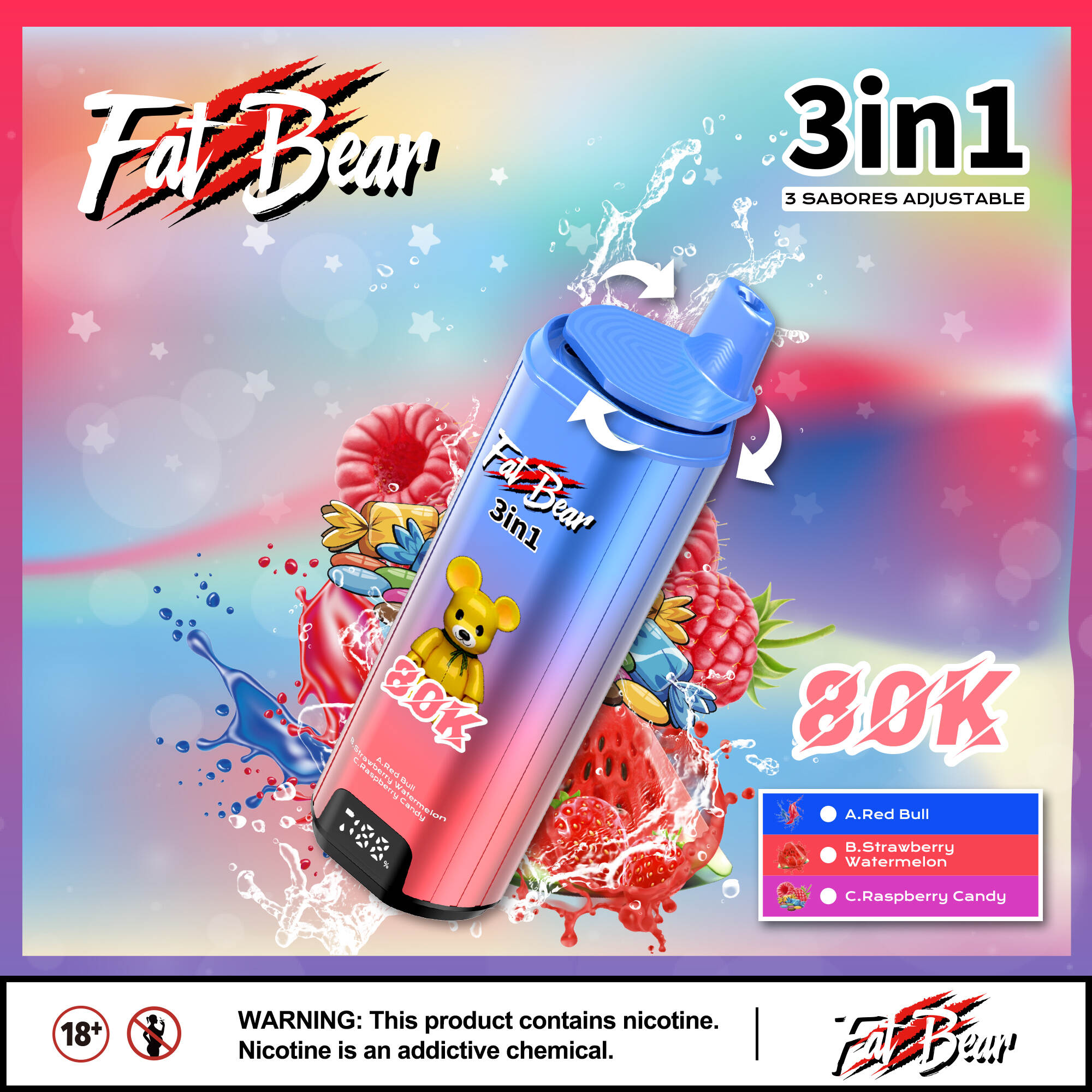 Fat Bear 80K, 3 in 1 vape, vaihdettava maku, kertakäyttöinen, 80 000 puhallusta, verkkolämmitys, Type-C ladattava, EU-varastolähetys, kolminkertainen maku