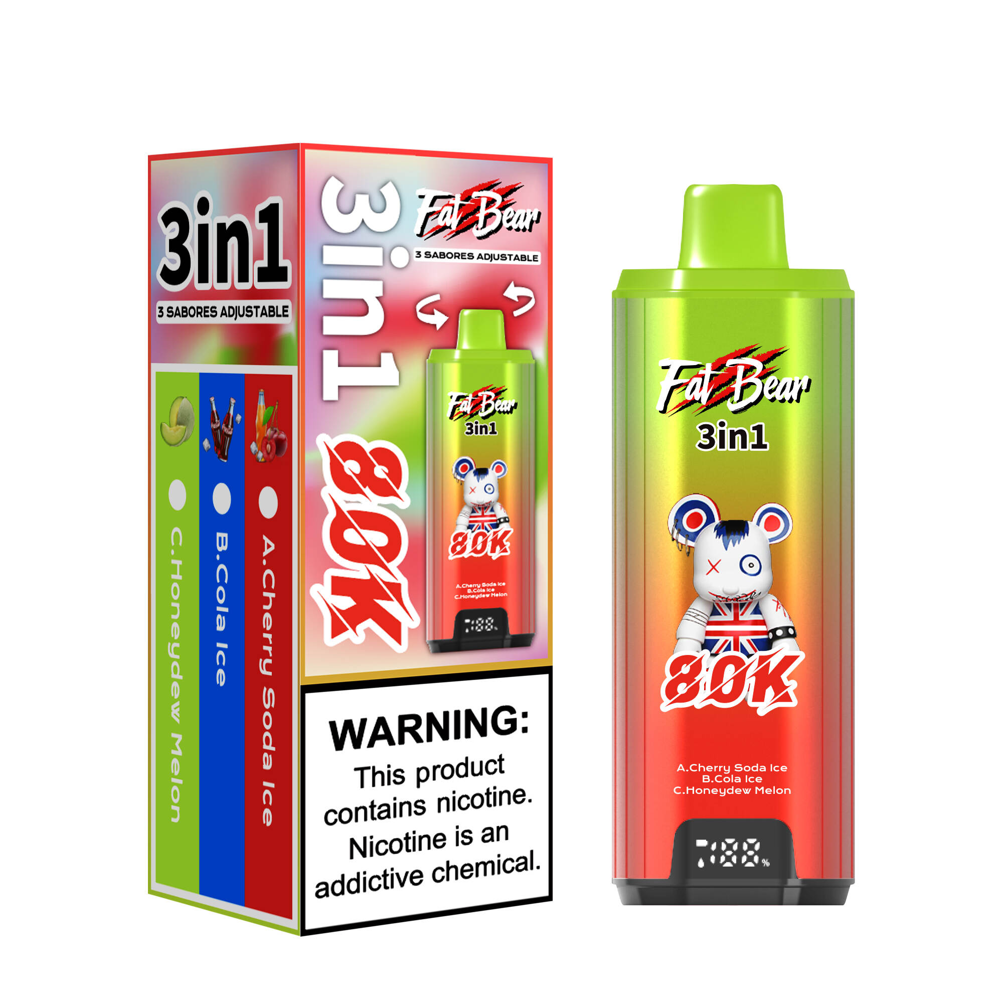 Fat Bear 80K, 3 in 1 vape, vaihdettava maku, kertakäyttöinen, 80 000 puhallusta, verkkolämmitys, Type-C ladattava, EU-varastolähetys, kolminkertainen maku