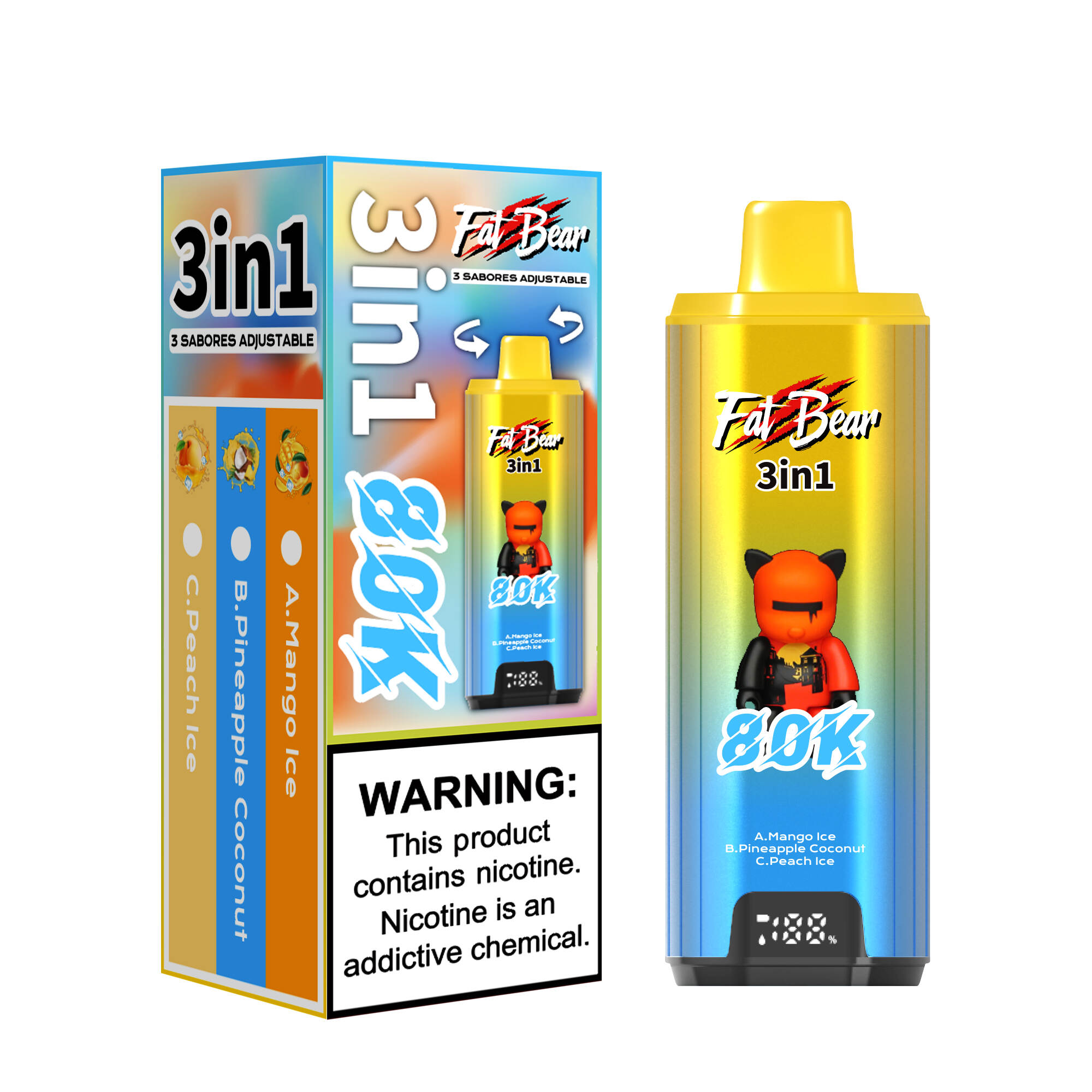 Fat Bear 80K, 3 in 1 vape, vaihdettava maku, kertakäyttöinen, 80 000 puhallusta, verkkolämmitys, Type-C ladattava, EU-varastolähetys, kolminkertainen maku