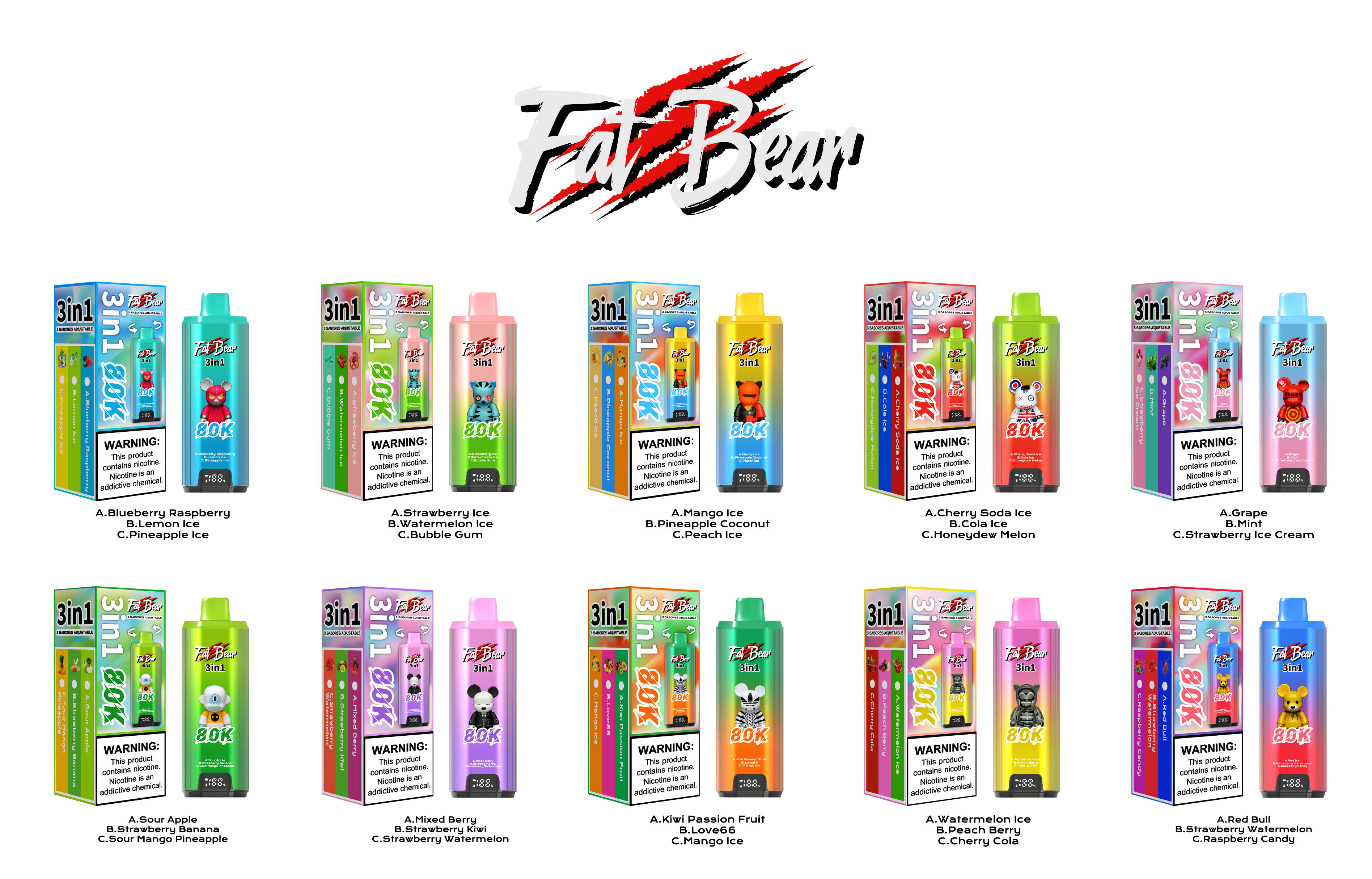 Fat Bear 80K, 3 in 1 vape, vaihdettava maku, kertakäyttöinen, 80 000 puhallusta, verkkolämmitys, Type-C ladattava, EU-varastolähetys, kolminkertainen maku