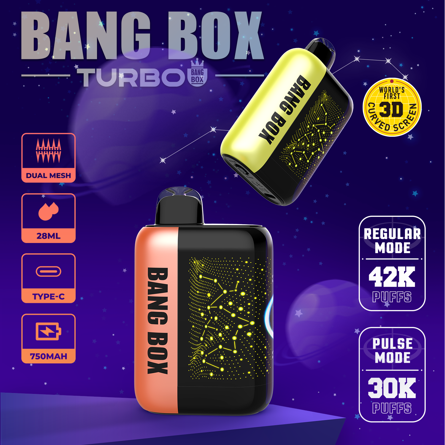 BANGBOX 42000 bouffées, jetables de type C, maille à double bobine, affichage de la batterie à l'huile, écran incurvé 3D, réalisation en Chine UE, marques de saveurs mélangées