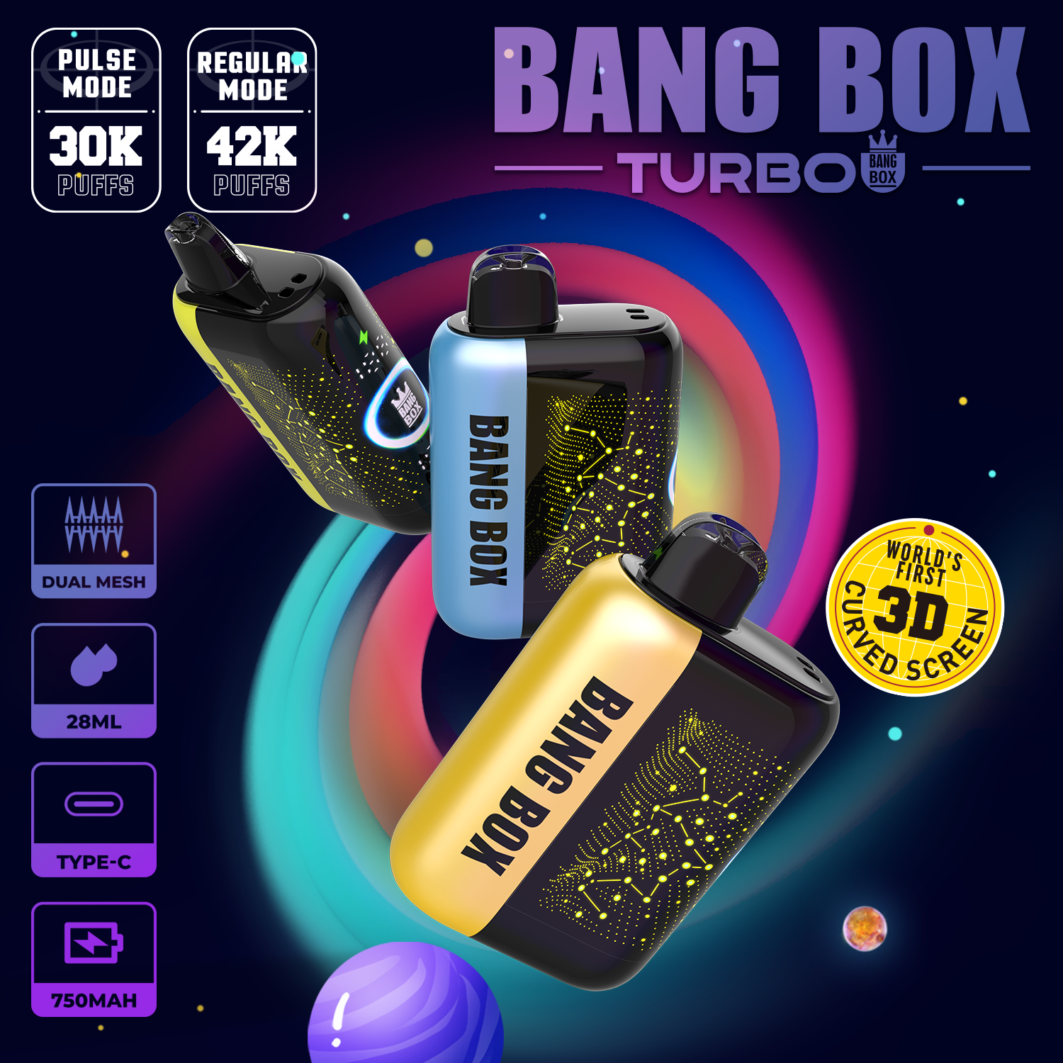 BANGBOX 42 000 bouffées – Type-C, maille à double bobine, écran incurvé 3D