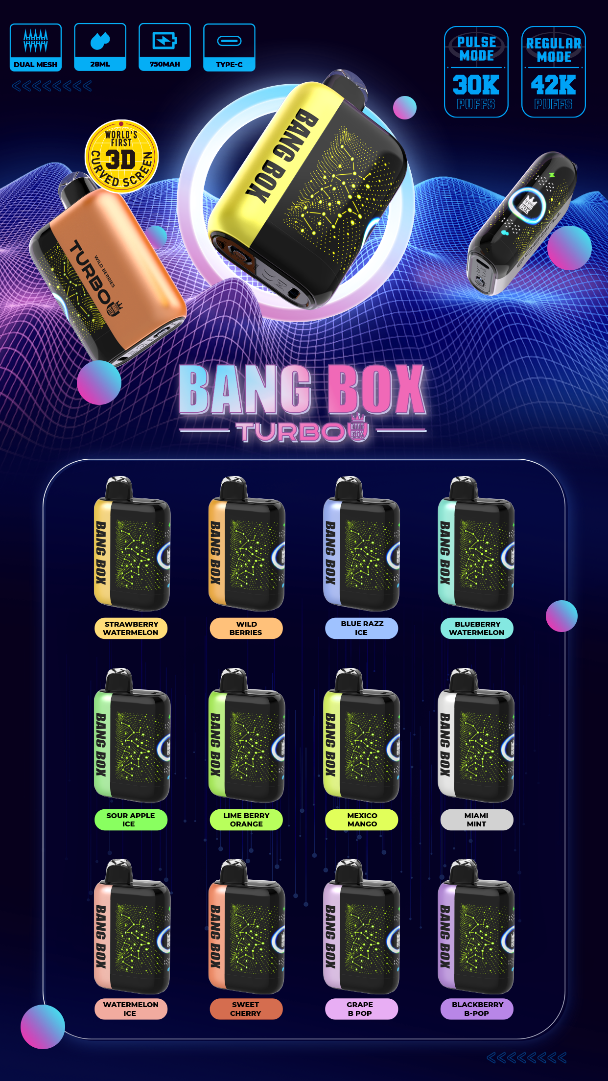 BANGBOX 42,000 puffs — Type-C, dual-coil mesh, 3D curved screen, oil/battery display