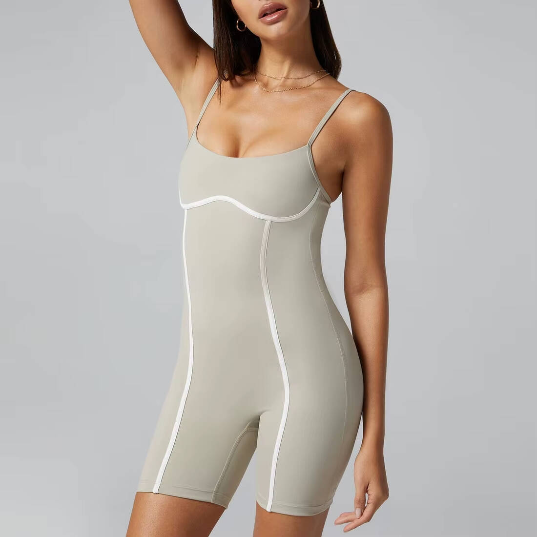 Women’s Scoop Neck Yoga Romper – Sexy Breathable Short Jumpsuit with White Trim