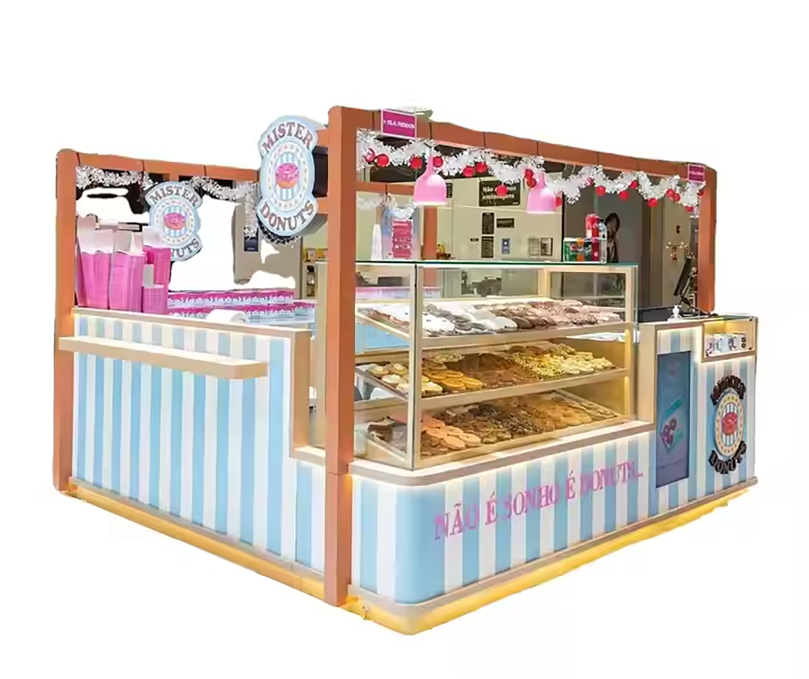Retron Factory Food Kiosk Wholesale Wooden Donut Showcase Small Shopping Mall Food Kiosk Design for Sale