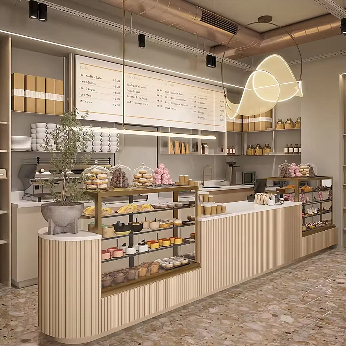 Light Luxury French Style Bakery Shop Interior Decor Glass Display Cabinet Wall Shelf Whole Shop Display Fixtures