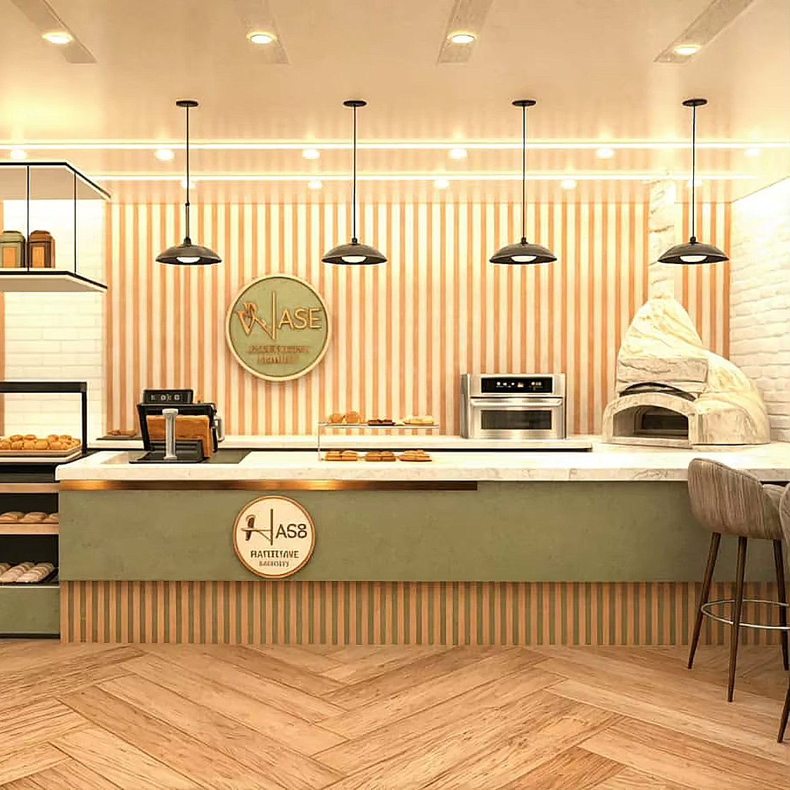 Light Luxury French Style Bakery Shop Interior Decor Glass Display Cabinet Wall Shelf Whole Shop Display Fixtures