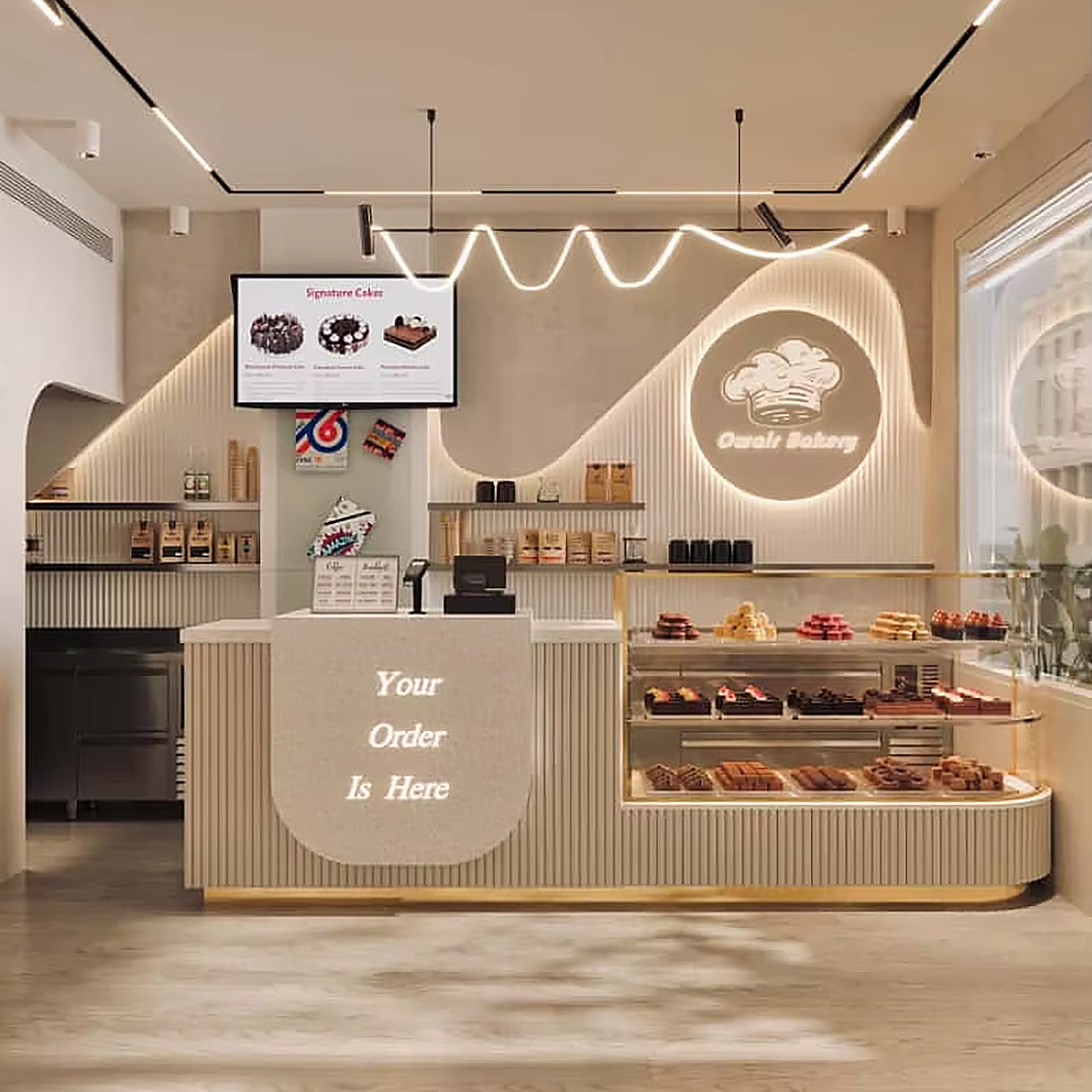 Light Luxury French Style Bakery Shop Interior Decor Glass Display Cabinet Wall Shelf Whole Shop Display Fixtures