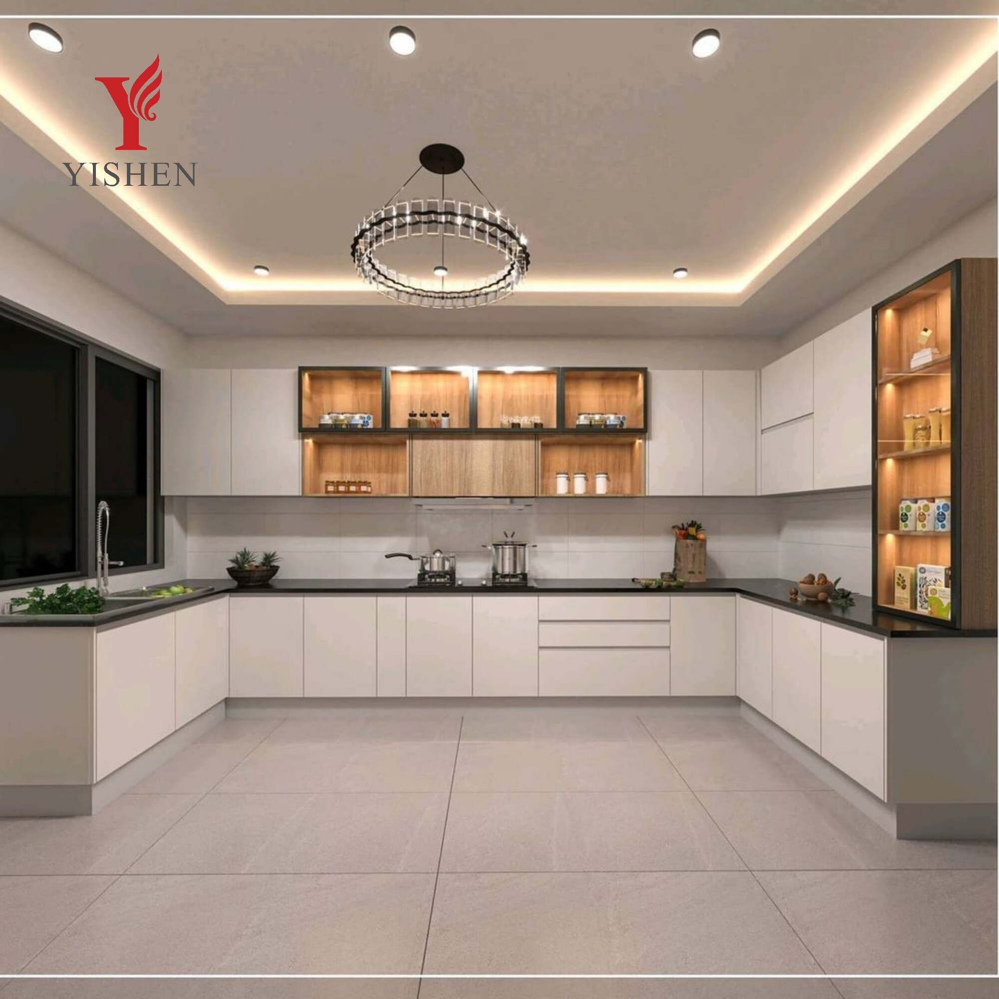 L Shaped Luxury Aluminum Kitchen Cabinets With Drawer Storage