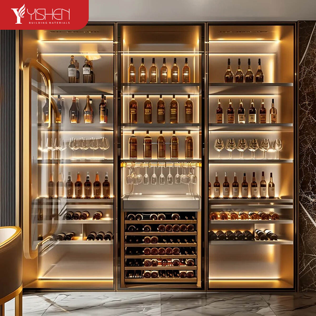 Luxury Wine Display Glass Door Cabinet With LED Light