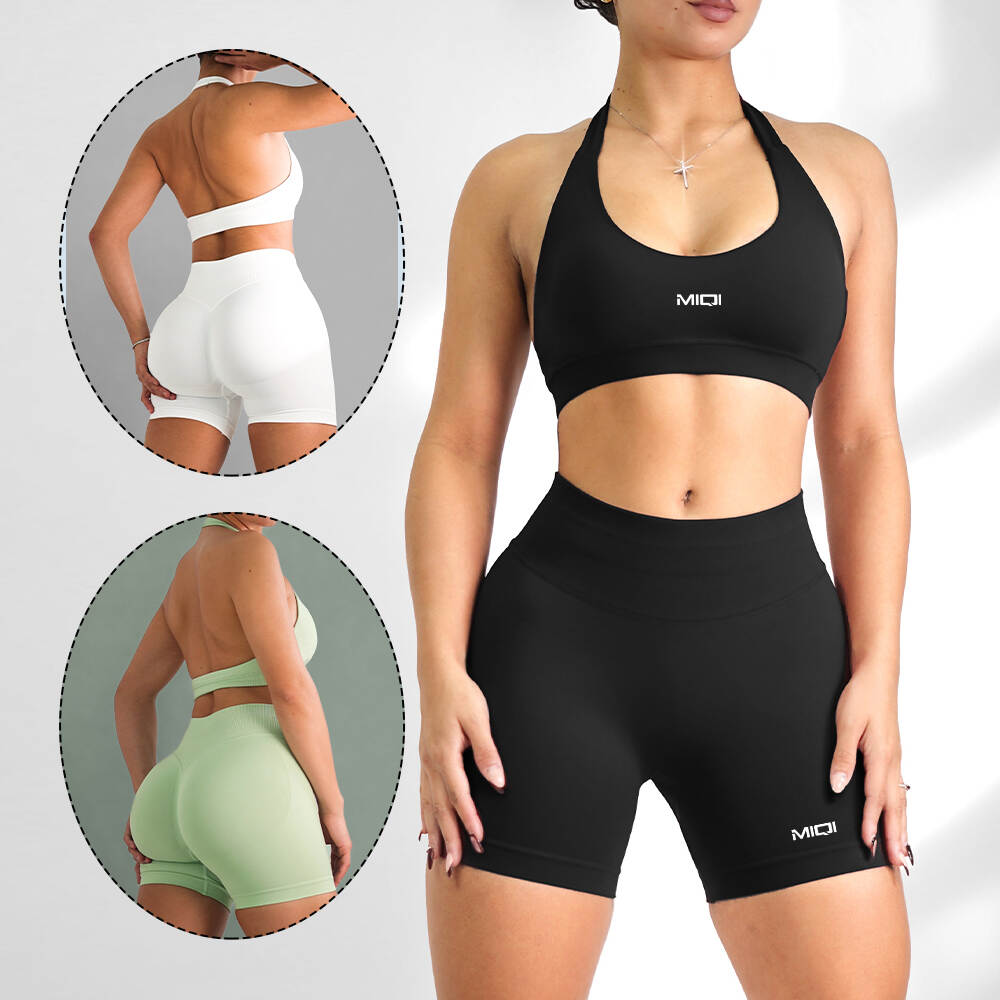 Women Soild Halter Sports Bra and Shorts Yoga Wear Set Custom Logo