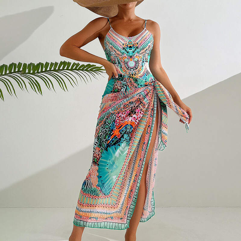 Retro Holiday Beach Dress Summer Surf Wear Vintage Women One Piece Swimsuit & Skirt Swimwear Cover Up