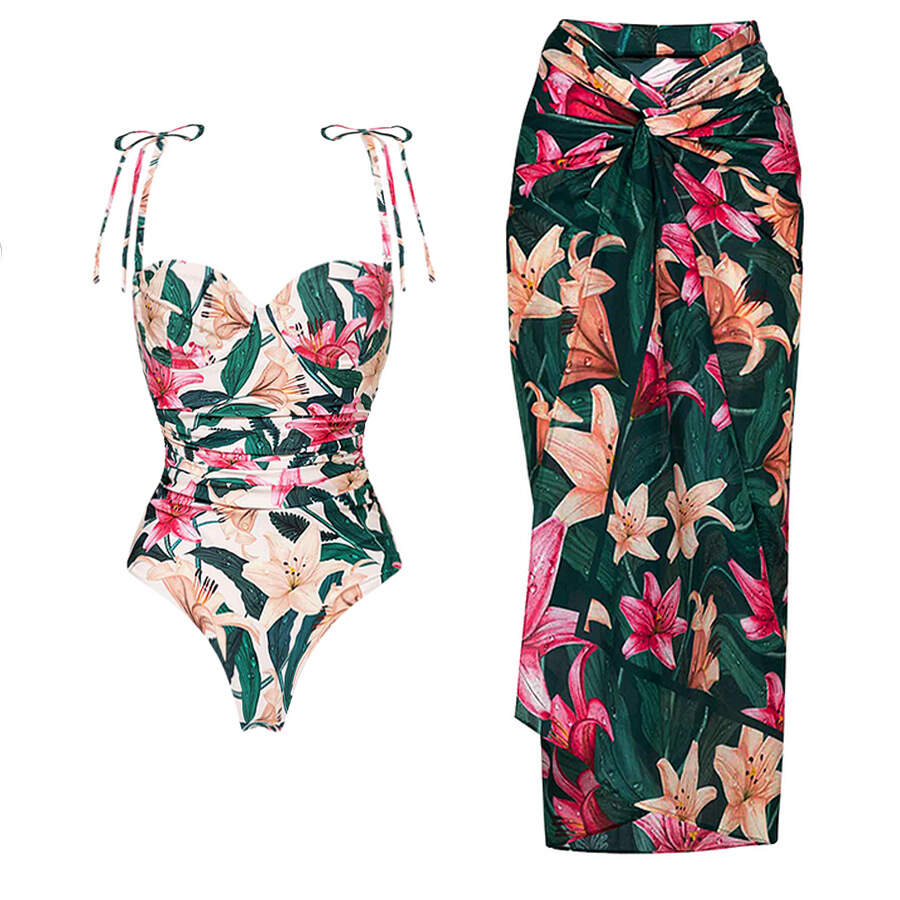 Trendy Bathing Suit Print Swimsuit Cover Up Vintage One Piece Swimwear For Women