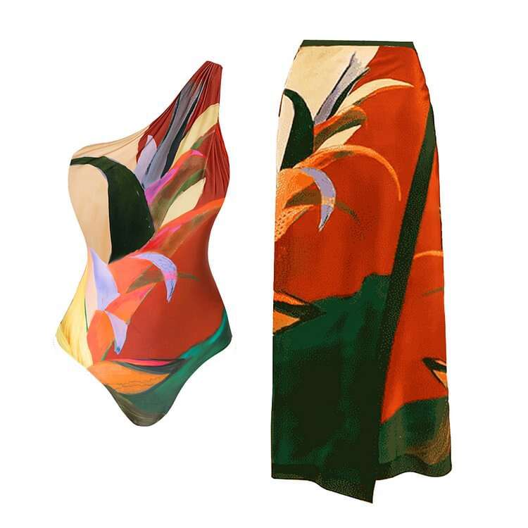 One Shoulder Tropical Plant Pattern Printed Woman One Piece Swimsuit Swimwear With Sarong