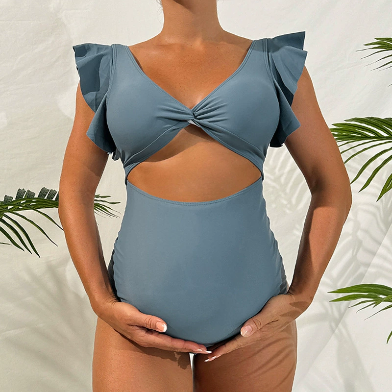 Pregnant Women's Swimsuit New Fashion Solid Loose Short Sleeve Covering Belly And Supporting Belly One Piece Maternity Swimsuit