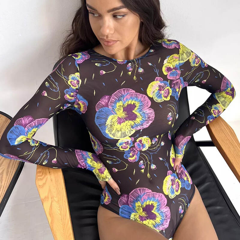 New Women Summer Mesh One-piece Bikini Print Swimsuit Long Sleeve Bikini Beach Vacation Bathing Swimwear