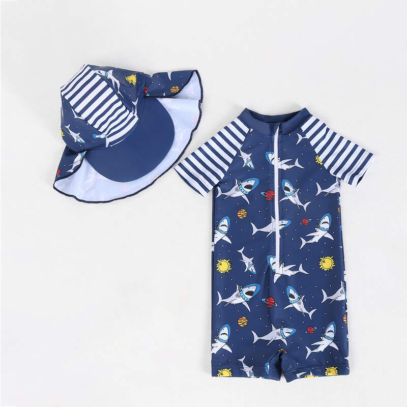 Children's Swimsuit Boys' Swimsuit One-piece Short Sleeve Shorts Hat Sun Protection Zipper Collar Striped Children's Swimsuit