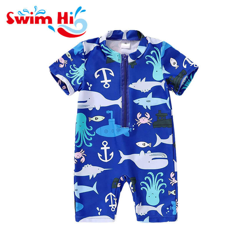Neutral Baby Bathing Suits Swimming Set For Boys Shark Print Short Sleeve Swimwear Beachwear For Babies