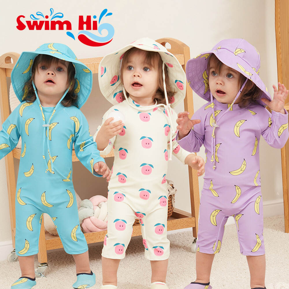 Customized Upf50+ Girls And Boys One-piece Swimsuit With Sun Protection Hood Quick-drying Baby Surfing Suit Swimwear