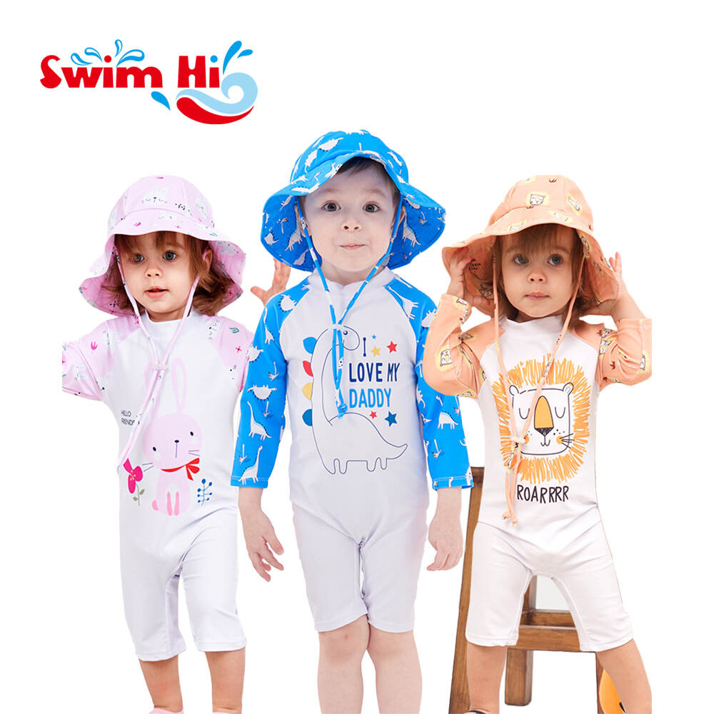 Factory Wholesale Children's Long Sleeved Beach Sun Protection Swimwear Boys' One-piece Cartoon With Hat Swimsuit Kid Swimwear