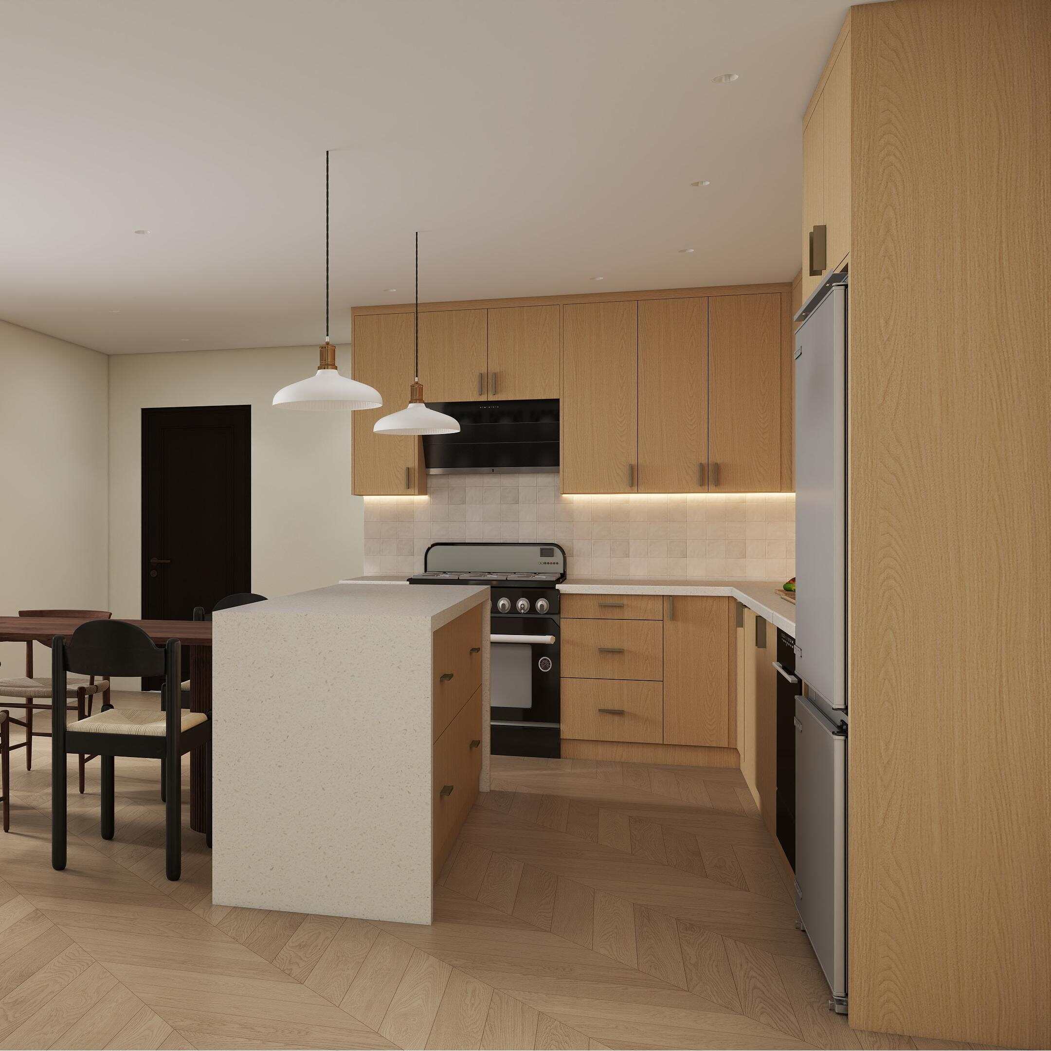 L Shape Wood Grain Melamine Kitchen Cabinet with Island