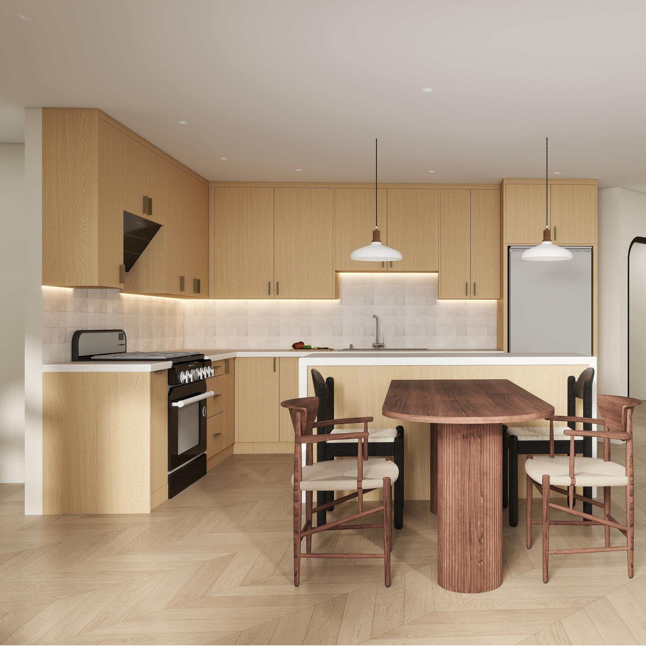 L Shape Wood Grain Melamine Kitchen Cabinet with Island