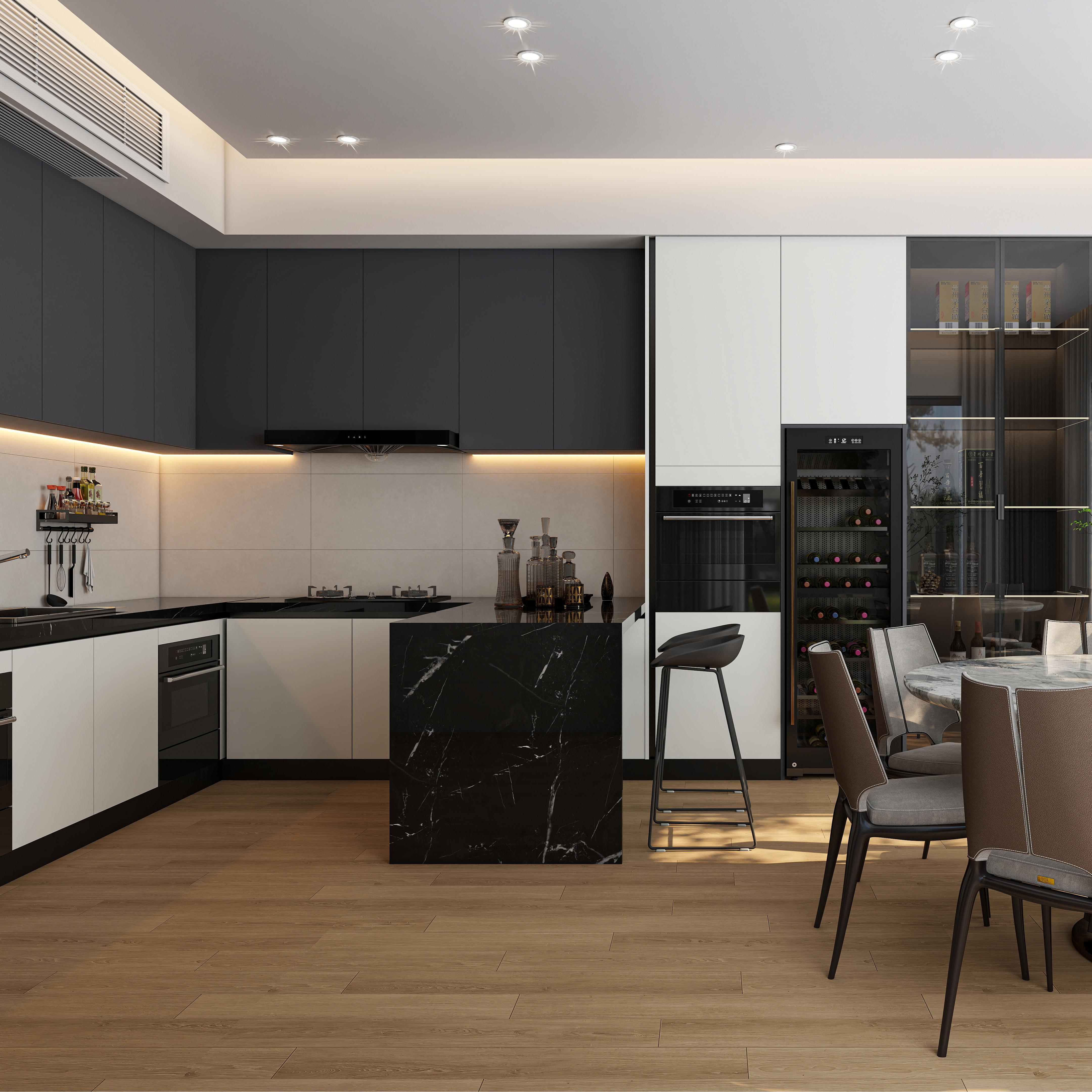 L Shape Matt Lacquer Kitchen Cabinet with Pieces of Glass Door