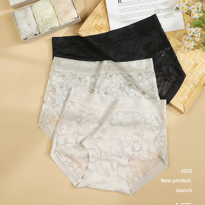 Floral Lace Mid-Rise Panties 3-Pack - 7A Grade Mulberry Silk Gusset (Antibacterial & Breathable)