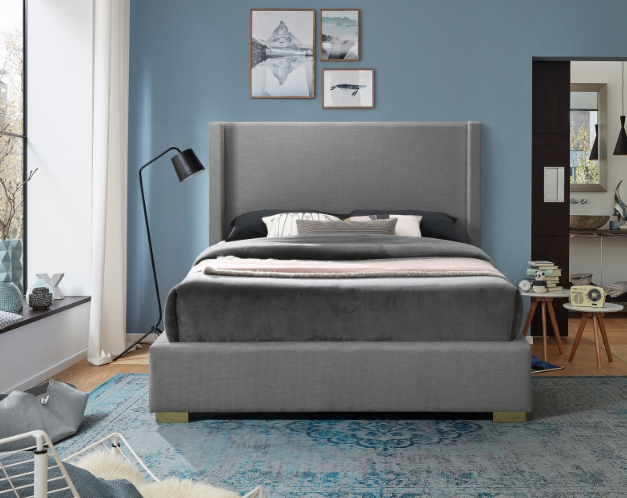 Grey Linen Textured Fabric Upholstery Bed