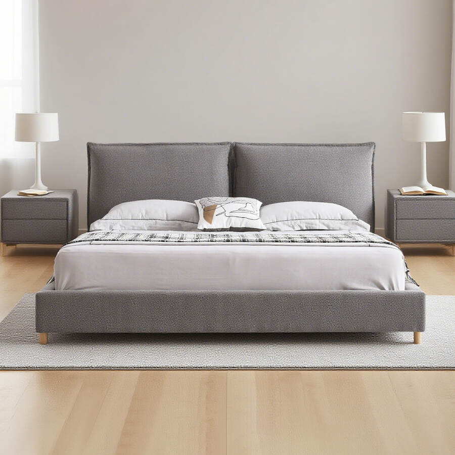Grey Wood Linen Soft Bed Frame Fully Upholstered Platform Bed