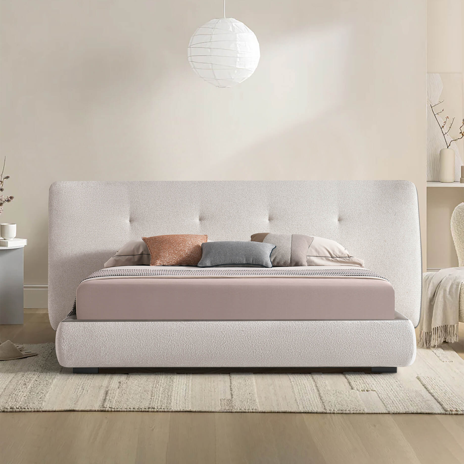 Luxury King Size Upholstered Bed with Wide Headboard