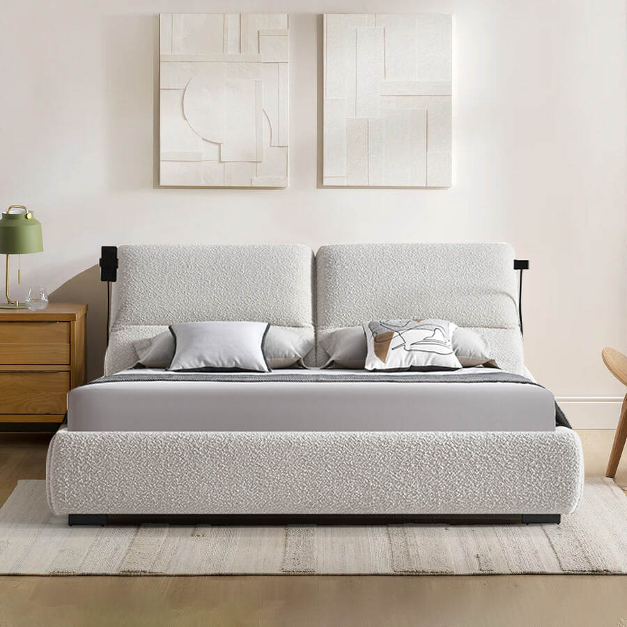 Elegant Boucle Bed with Dual Cushioned Headboard