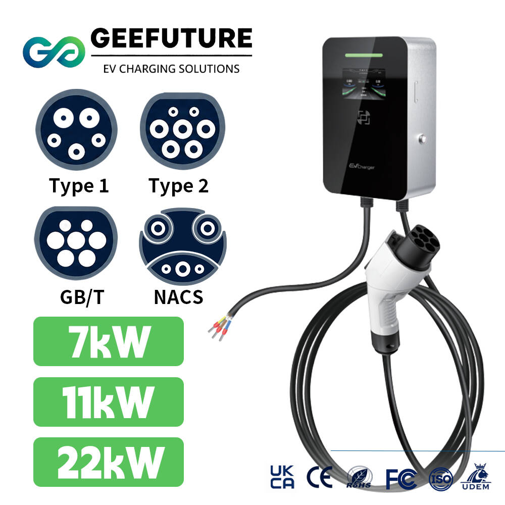GEEFUTURE 7kw 11kw 22kw Pengisi Daya Mobil Listrik EV Pemasangan Di Dinding Tipe 1 Tipe 2 Kotak Dinding Pengisi Daya Ocpp Pintar
