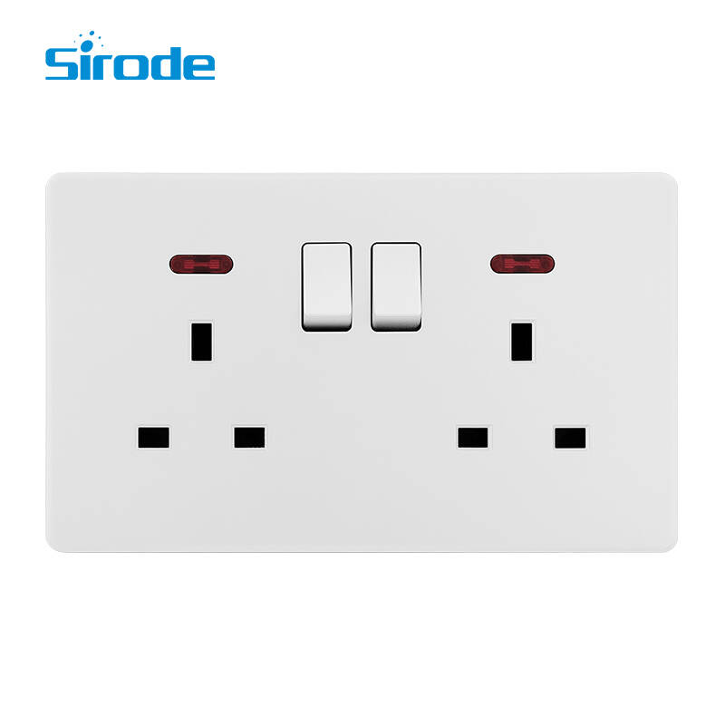 British Standard T2 Series 10A Large Panel Design 250V 2 Gang 13A Electrical Wall Switched Socket With Neon For Home