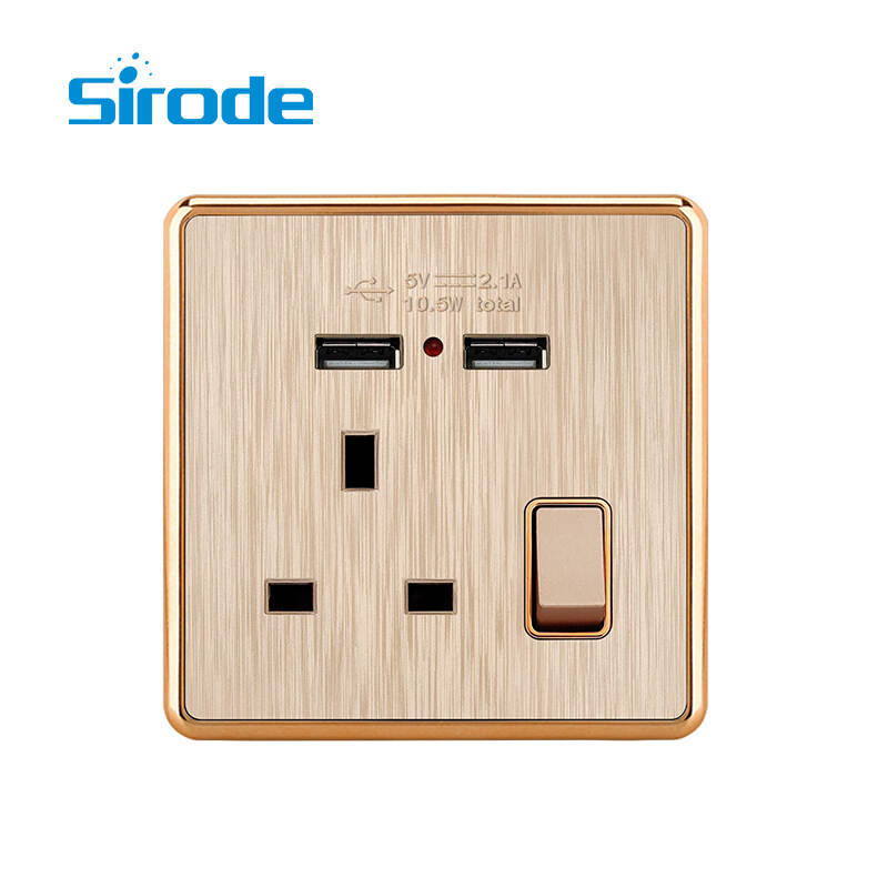 British Standard  Modern Luxury Design 1 gang 13A DP switched socket with 2 USB with indicator Wall Light Switches For Home