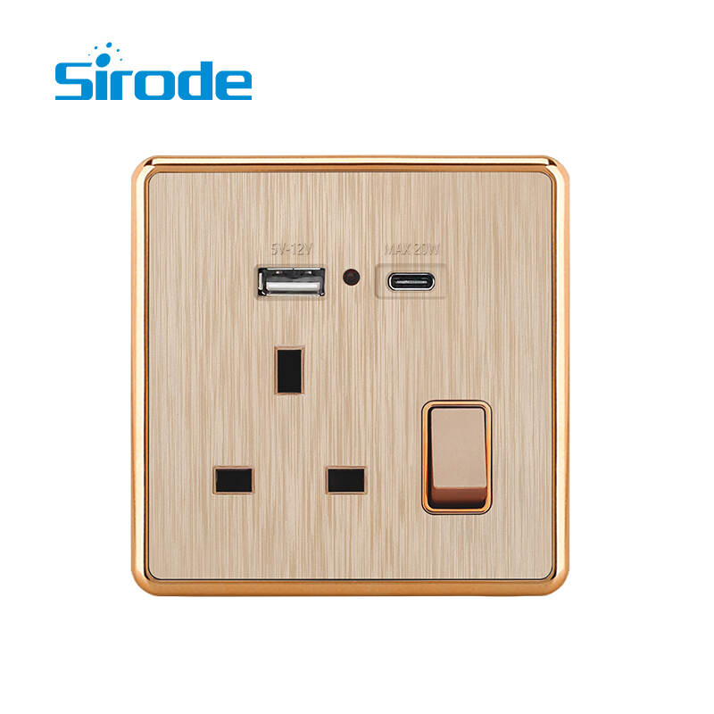 British Standard  Modern Luxury Design 1 gang 13A switched socket with USB + Type C with indicator Wall Light Switches For Home