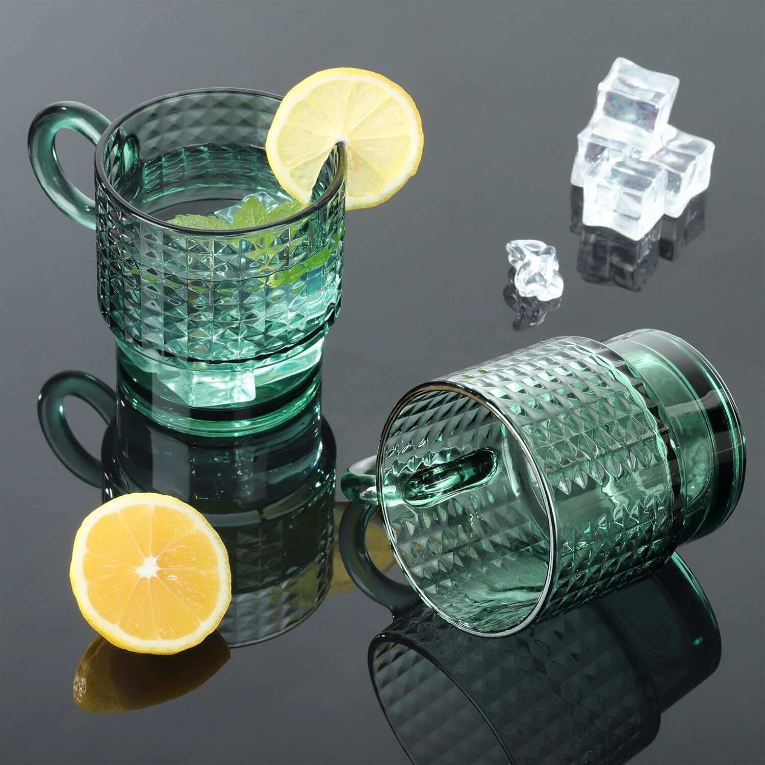 Taza de vidrio verde oscuro, taza de agua potable de gran capacidad, alto valor con asa, taza apilada, taza de café