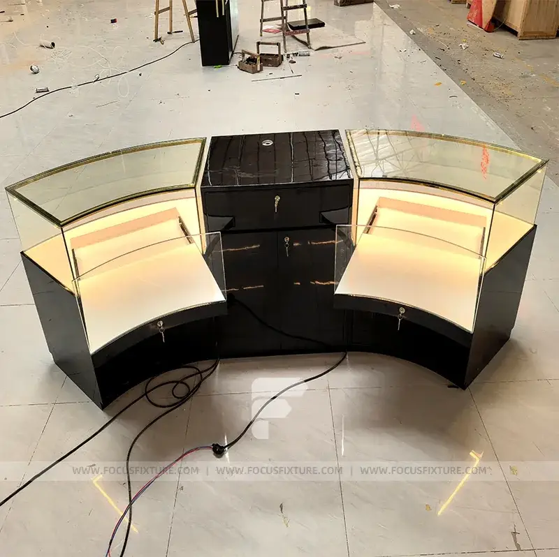 Curved Black Glass Showcase Counter