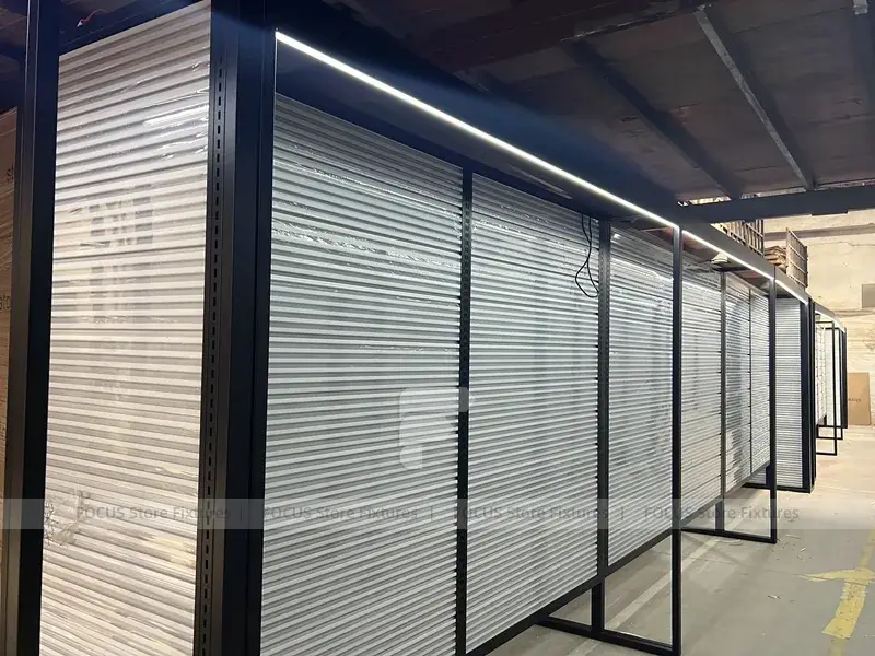 Illuminated Black Framed Slatwall Corridor Display System