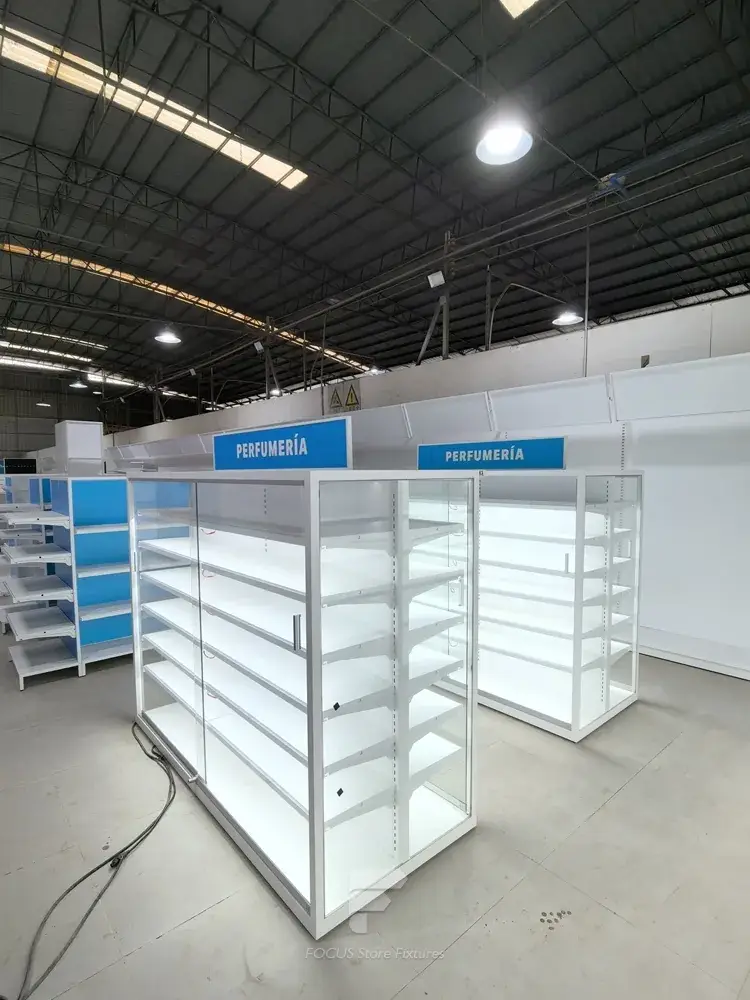 White and Blue Glass Showcase Gondola Display
